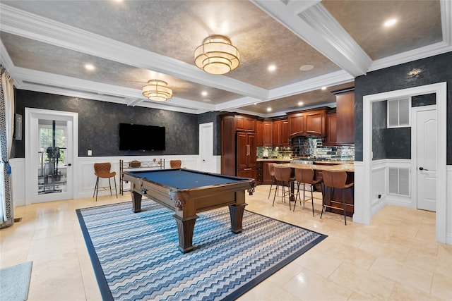 11 Crick Holly Ln, East Islip, NY 11730 - playroom featuring ornamental molding, beamed ceiling, billiards table, a decorative wall, and recessed lighting