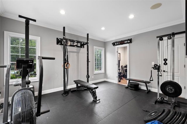 11 Crick Holly Ln, East Islip, NY 11730 - workout room featuring baseboards, healthy amount of natural light, crown molding, and recessed lighting