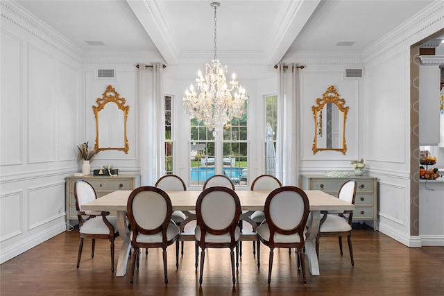 11 Crick Holly Ln, East Islip, NY 11730 - dining space with a decorative wall, dark wood-type flooring, a chandelier, and crown molding