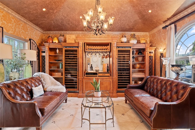 11 Crick Holly Ln, East Islip, NY 11730 - living area featuring wine cooler, a chandelier, recessed lighting, and wallpapered walls