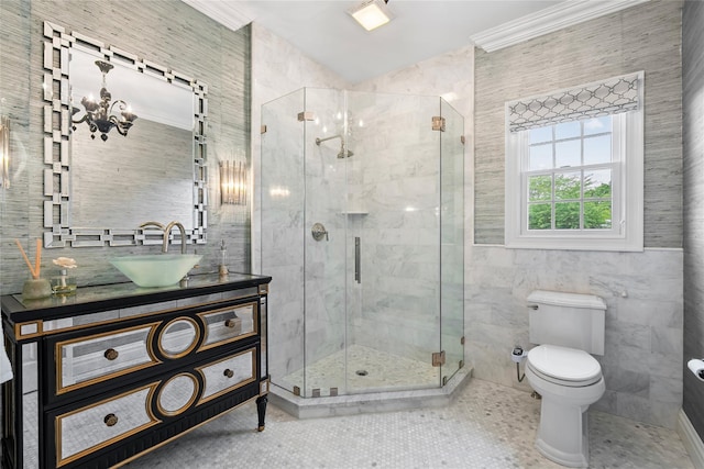 11 Crick Holly Ln, East Islip, NY 11730 - full bath with tile walls, vanity, a chandelier, toilet, and a shower stall