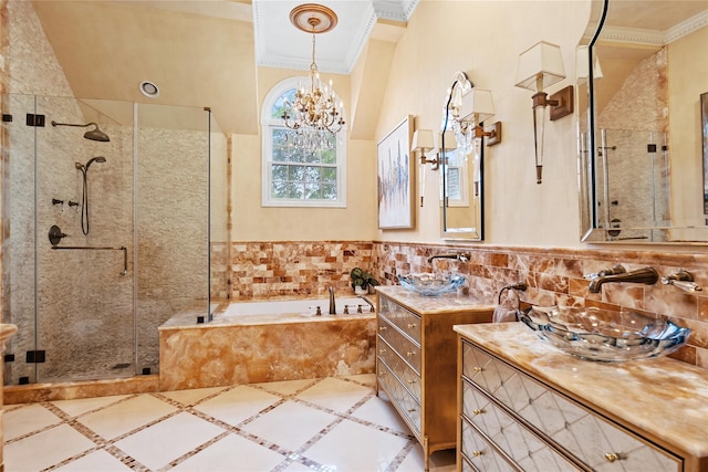 11 Crick Holly Ln, East Islip, NY 11730 - bathroom with crown molding, a garden tub, vanity, a stall shower, and inlaid floor details
