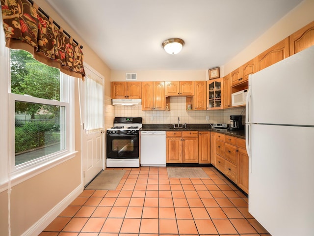 121 Bogert Ave, Pearl River, NY 10965 - kitchen with white appliances, under cabinet range hood, a sink, backsplash, and dark countertops