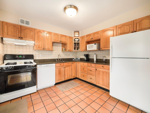121 Bogert Ave, Pearl River, NY 10965 - kitchen with white appliances, under cabinet range hood, a sink, decorative backsplash, and dark countertops