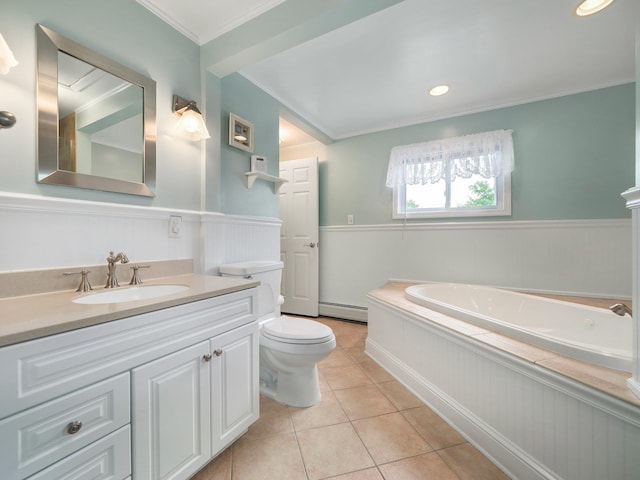 121 Bogert Ave, Pearl River, NY 10965 - full bath featuring a baseboard radiator, toilet, a garden tub, vanity, and tile patterned floors