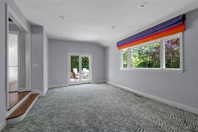 2 Driftwood Dr, Port Washington, NY 11050 - empty room featuring baseboards, carpet, lofted ceiling, and recessed lighting