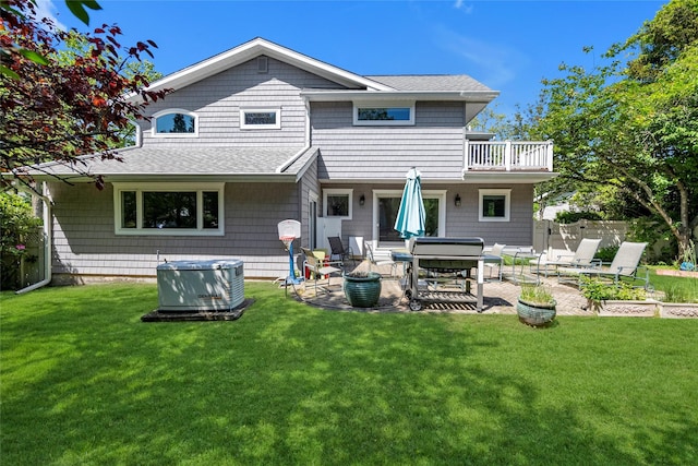 2 Driftwood Dr, Port Washington, NY 11050 - back of property featuring a patio area, a shingled roof, central air condition unit, and a balcony