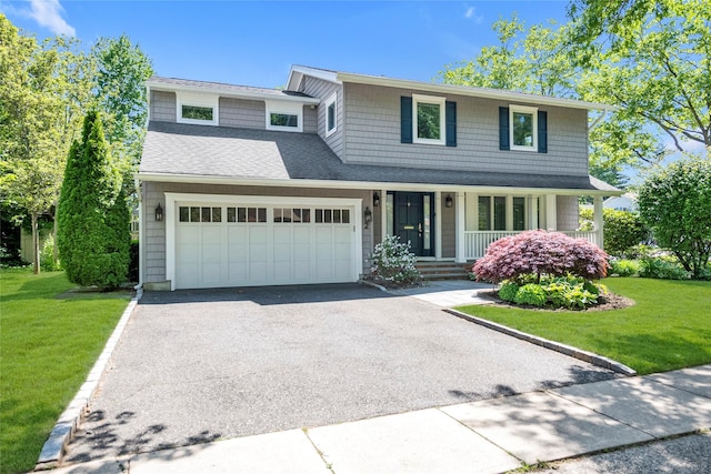 2 Driftwood Dr, Port Washington, NY 11050 - view of front of property with an attached garage, asphalt driveway, a porch, and a front yard