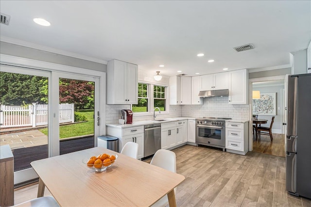 130 Sands Point Rd, Sands Point, NY 11050 - kitchen featuring appliances with stainless steel finishes, under cabinet range hood, tasteful backsplash, white cabinetry, and ornamental molding