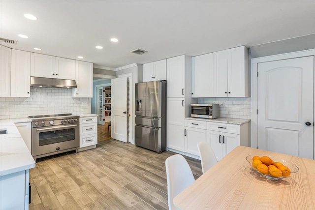 130 Sands Point Rd, Sands Point, NY 11050 - kitchen featuring appliances with stainless steel finishes, under cabinet range hood, tasteful backsplash, white cabinetry, and light wood-style floors