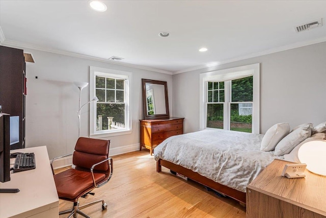 130 Sands Point Rd, Sands Point, NY 11050 - bedroom featuring light wood-style flooring, crown molding, an office area, baseboards, and recessed lighting