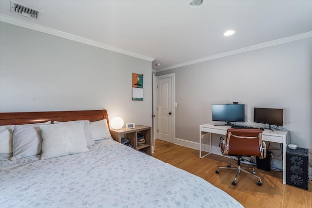 130 Sands Point Rd, Sands Point, NY 11050 - bedroom with wood finished floors, ornamental molding, baseboards, a desk, and recessed lighting
