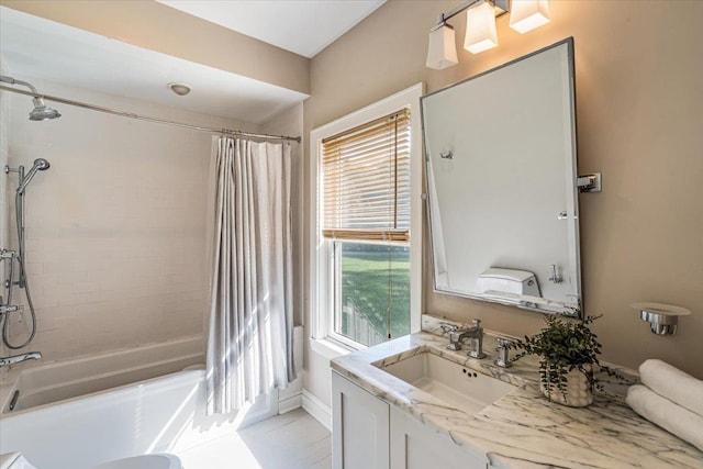 130 Sands Point Rd, Sands Point, NY 11050 - bathroom with shower / bath combination with curtain, vanity, and tile patterned flooring