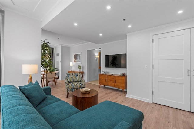 1 Renaissance Sq Unit 10H, White Plains, NY 10601 - living area with light wood-type flooring, baseboards, crown molding, and recessed lighting
