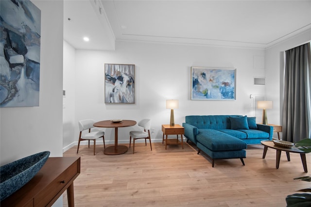 1 Renaissance Sq Unit 10B, White Plains, NY 10601 - living room featuring light wood-type flooring, crown molding, baseboards, and recessed lighting