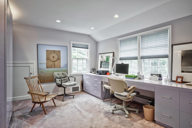 24 Cedar Ln, Sands Point, NY 11050 - office area with lofted ceiling, baseboard heating, light carpet, and recessed lighting