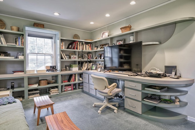 24 Cedar Ln, Sands Point, NY 11050 - home office with carpet flooring, recessed lighting, and ornamental molding