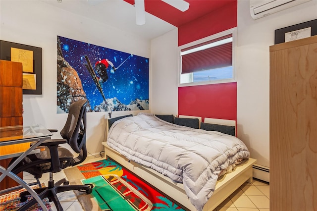 931A Oceanfront St, Long Beach, NY 11561 - bedroom featuring baseboard heating, a wall mounted air conditioner, tile patterned floors, a desk, and ceiling fan