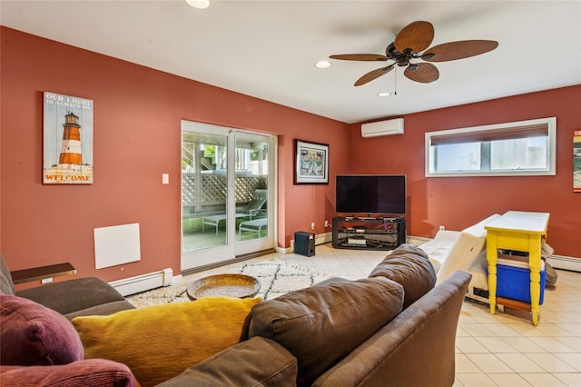 931A Oceanfront St, Long Beach, NY 11561 - living area featuring a baseboard heating unit, a wall mounted air conditioner, recessed lighting, a ceiling fan, and light tile patterned floors