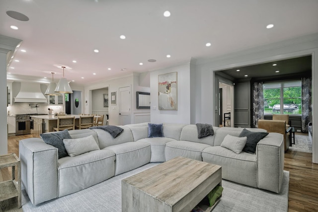 9 Wyndham Way, Port Washington, NY 11050 - living room featuring crown molding, wood finished floors, and recessed lighting