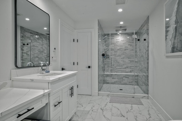 9 Wyndham Way, Port Washington, NY 11050 - bathroom featuring a stall shower, vanity, marble finish floors, recessed lighting, and baseboards