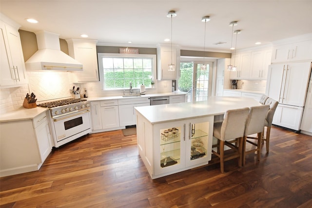 213 Glenwood Ln, Port Jefferson, NY 11777 - kitchen featuring custom range hood, high quality appliances, decorative backsplash, white cabinetry, and light countertops