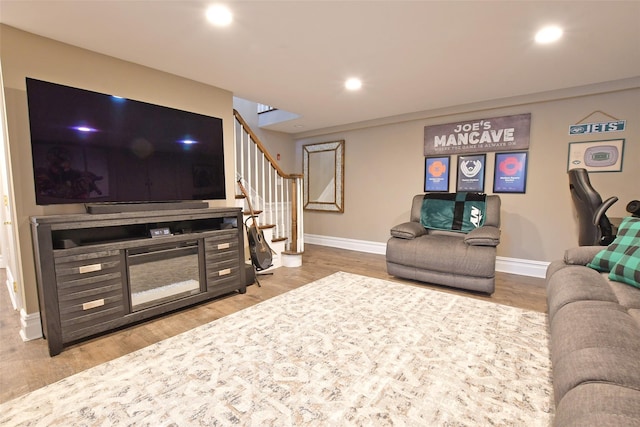 213 Glenwood Ln, Port Jefferson, NY 11777 - living area featuring stairs, wood finished floors, baseboards, and recessed lighting