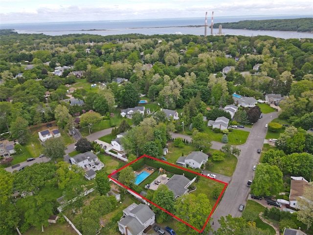 213 Glenwood Ln, Port Jefferson, NY 11777 - aerial perspective of suburban area featuring a large body of water and property boundaries highlighted