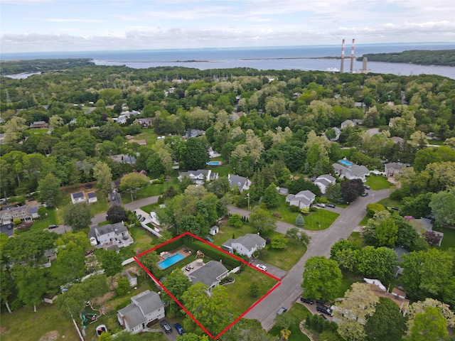 213 Glenwood Ln, Port Jefferson, NY 11777 - aerial perspective of suburban area with a large body of water and property boundaries highlighted