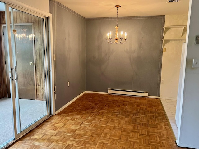 404B Woodbridge Dr Unit 404B, Ridge, NY 11961 - unfurnished dining area with baseboard heating, a chandelier, and baseboards
