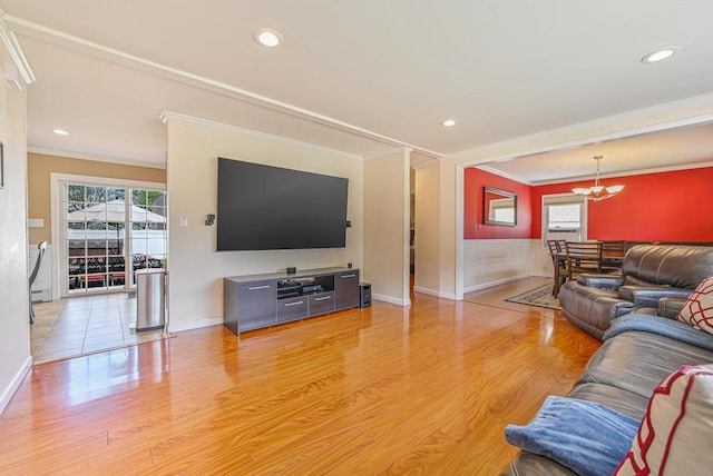 943 Durham Rd, East Meadow, NY 11554 - living area featuring a chandelier, ornamental molding, light wood-style floors, baseboards, and recessed lighting