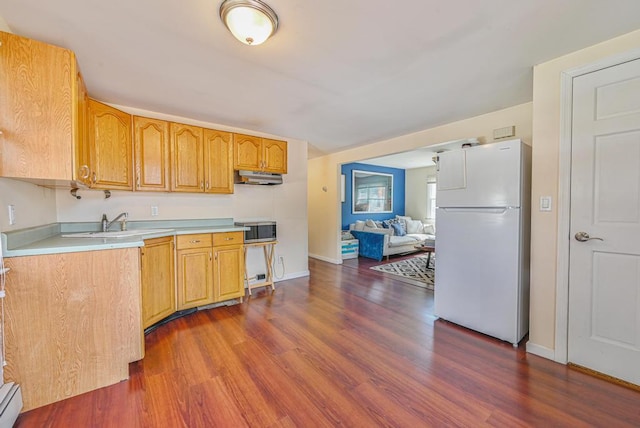 943 Durham Rd, East Meadow, NY 11554 - kitchen with freestanding refrigerator, under cabinet range hood, light countertops, a baseboard radiator, and dark wood-style floors