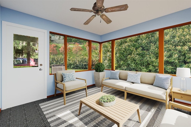 62 Buena Vista Rd, New City, NY 10956 - sunroom / solarium with ceiling fan, outdoor lounge area, carpet flooring, and cooling unit