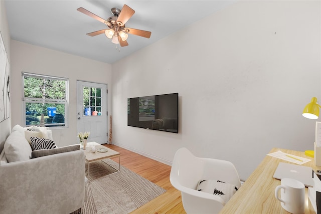 62 Buena Vista Rd, New City, NY 10956 - living room with wood finished floors, a ceiling fan, and baseboards