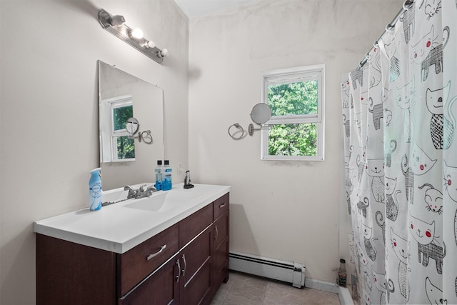 62 Buena Vista Rd, New City, NY 10956 - full bath featuring a baseboard heating unit, vanity, tile patterned flooring, curtained shower, and baseboards