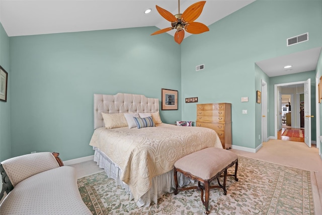 5005 John Hancock Ct Unit 100, New Windsor, NY 12553 - carpeted bedroom featuring baseboards, high vaulted ceiling, a ceiling fan, and recessed lighting