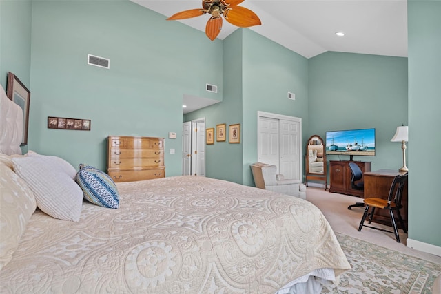 5005 John Hancock Ct Unit 100, New Windsor, NY 12553 - carpeted bedroom with high vaulted ceiling, a closet, ceiling fan, and baseboards