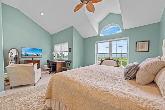 5005 John Hancock Ct Unit 100, New Windsor, NY 12553 - carpeted bedroom with high vaulted ceiling, a desk, and ceiling fan