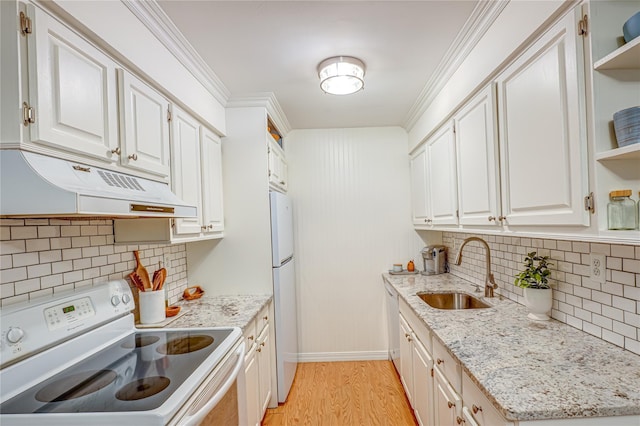 199 Millard Ave Unit 199, West Babylon, NY 11704 - kitchen featuring white appliances, a sink, under cabinet range hood, open shelves, and light wood finished floors