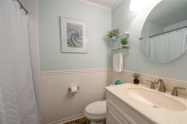199 Millard Ave Unit 199, West Babylon, NY 11704 - full bathroom with toilet, vanity, crown molding, a wainscoted wall, and a shower with curtain