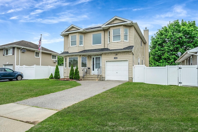130 W 7th St, Deer Park, NY 11729 - view of front of house with a gate, a chimney, driveway, a garage, and solar panels