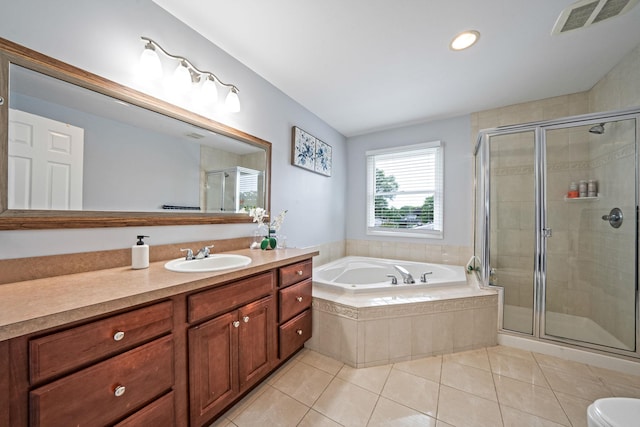 130 W 7th St, Deer Park, NY 11729 - bathroom featuring vanity, a garden tub, tile patterned floors, and a shower stall