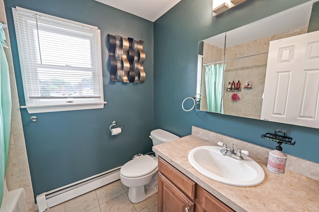 130 W 7th St, Deer Park, NY 11729 - bathroom with a baseboard heating unit, vanity, toilet, and tile patterned floors