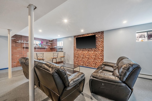 130 W 7th St, Deer Park, NY 11729 - living room featuring brick wall, bar, and recessed lighting
