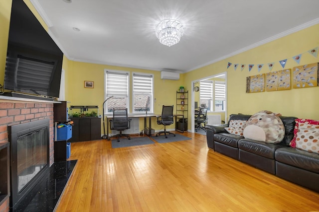 200-12 36th Ave, Bayside, NY 11361 - living area featuring a wall mounted air conditioner, a fireplace, crown molding, wood finished floors, and an office area