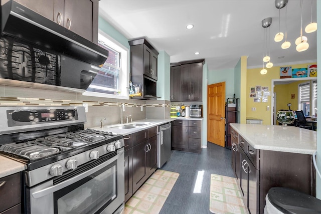 200-12 36th Ave, Bayside, NY 11361 - kitchen featuring stainless steel appliances, a sink, dark brown cabinets, tasteful backsplash, and hanging light fixtures
