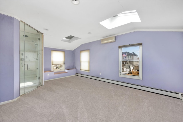 3680 Naomi St, Seaford, NY 11783 - carpeted empty room with a wall mounted air conditioner, a baseboard heating unit, a skylight, lofted ceiling, and baseboards