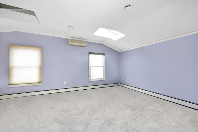 3680 Naomi St, Seaford, NY 11783 - spare room with vaulted ceiling, a skylight, an AC wall unit, carpet flooring, and baseboards