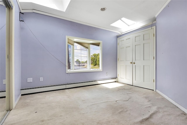 3680 Naomi St, Seaford, NY 11783 - unfurnished bedroom featuring baseboard heating, a closet, baseboards, and carpet flooring