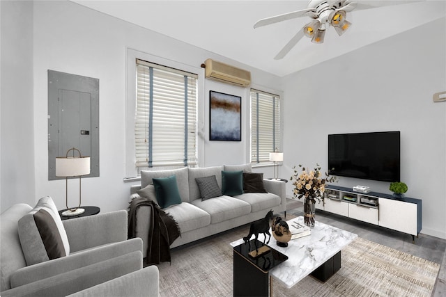 3680 Naomi St, Seaford, NY 11783 - living area featuring an AC wall unit, electric panel, ceiling fan, and wood finished floors
